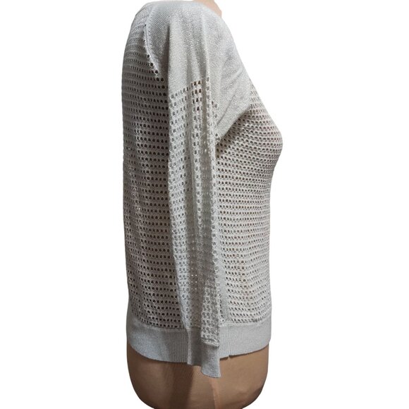 Express S Womens Sweater Silver Metallic Open Knit Pullover Sheer Sparkle Top - Picture 3 of 12
